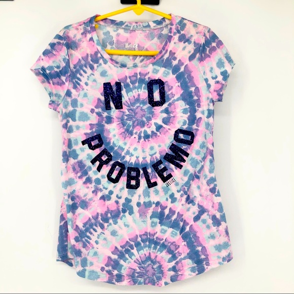 Justice Size 8 Pink Purple & Blue No Problemo Tie Dye Sparkle Short Sleeve Tee - Picture 1 of 4